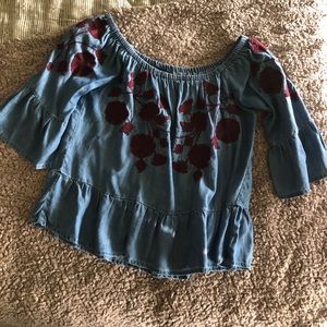 Chambray Shirt with Embroidered Off the Shoulder